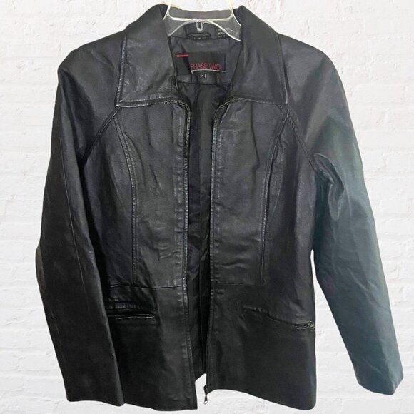 Vintage Phase Two size MediuBlack 100% Genuine Leather Zip Up Jacket - Picture 6 of 15